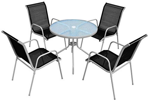 Festnight Conjunt Comedor de Jardín 5 Piezas de Acero, Conjunto Mesa y Sillas Jardín, Mesa y Sillas Terraza de Acero, Conjunto Muebles Jardín Exterior, Mesa con Agujeros y 4 Sillas Apilables, Negro