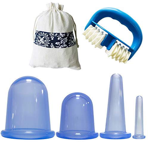 Schröpfen-Set, Gesichts-Schröpfen-Set für Gesicht, 4 Dosen Silikon-Anti-Cellulite-Schale, Vakuum-Massagebecher, Schmerzlinderung am Körper, Massageroller, manuelle Saugnäpfe, Schröpftherapie-Set, B