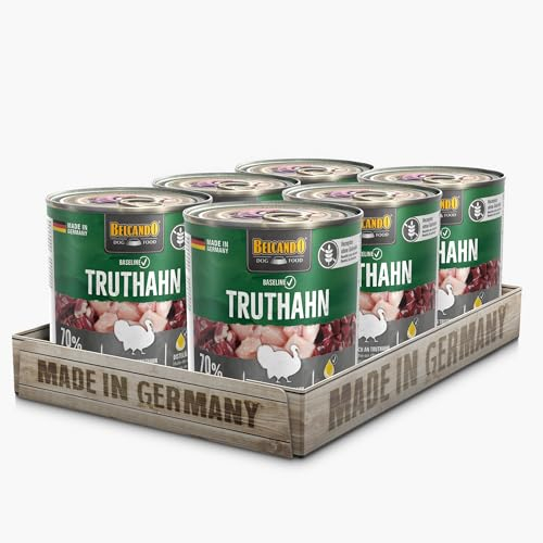 BELCANDO Baseline Nassfutter für Hunde, Truthahn, 6X 400g Dose, 70% Fleisch für ausgewachsene Hunde, Hundefutter nass ohne Getreide, Made in Germany