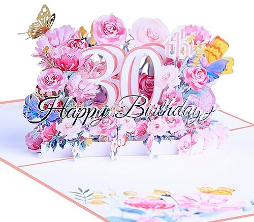 Geburtstagskarte zum 30. 3d blume pop up geburtstag karte Grußkarten Geschenk-Karte mit Umschlag Happy Birthday Greeting Card für dreißig 30 jahre frau, Mütter, Freunden, Familie wife women (Rosa)