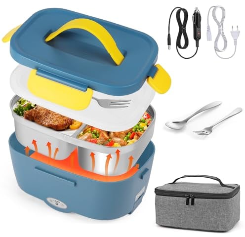 Elektrische Lunchbox Speisenwärmer Auto 3 In 1(12V/24V/220V) 1,5L mit Gabel Löffel 80W Abnehmbare Edelstahl Heizungs Lunchbox Elektrisch Brotdose Tragbarer Warmhaltebehälter für LKW Haushalt Camping