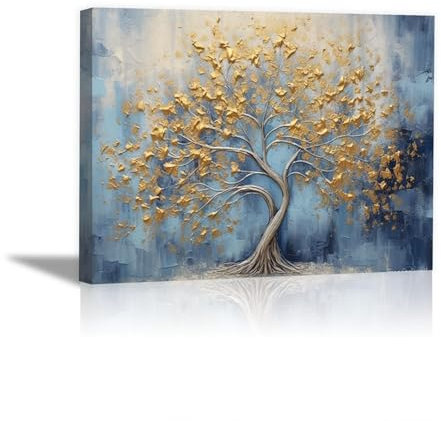 CcacHe Arbre De Vie Tableau Decoration Murale Salon Chambre, Paysage Naturel Or, bleu Impression Sur Toile,Decoration Murale Salle De Bain Bureau Cuisine -50x70cm Encadrée