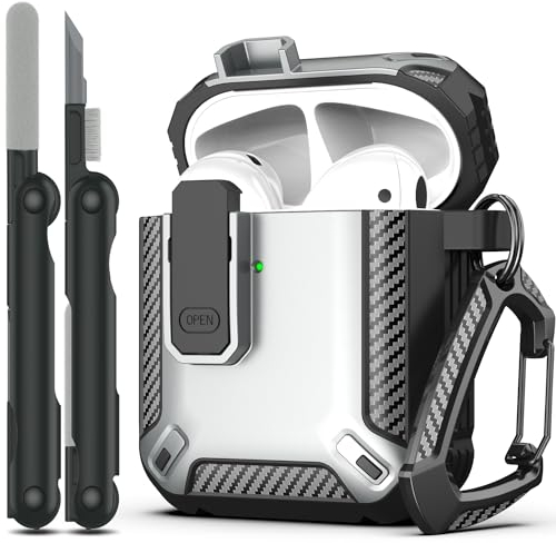 RFUNGUANGO Kompatibel mit AirPods hülle Schutzhülle mit Reinigungsset, militärische Hartschalen-Schutzhülle mit Schloss Kompatibel mit airpods 2/1 Generation hülle, Silber