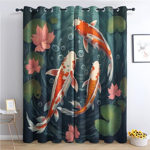 SZLYZM Koi Fische Vorhänge, Verdunklungsvorhänge mit Muster Lotus, Vorhang Blickdicht mit Ösen, Gardinen für Wohnzimmer Schlafzimmer Kinderzimmer Deko 2er Set - 200x140 (H X B) (W7-&228)