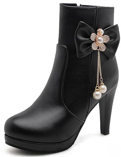 Lroey Reoly Stivaletti da Donna con Tacco a Spillo, Stivaletto Punta Rotonda Tacco Alto Stivali Corti Zip con Plateau Bowknot, N17244Us Nero Numero 45 EU