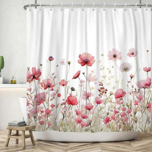 ASDCXZ Blumen Duschvorhang 180x220 cm, Frühling Handgemalt Rot Rose Blumen Grün Blätter Weiß Bad Waschbar Duschvorhänge Polyester Textil Wasserdicht Badevorhang für Badewanne mit 12 Haken