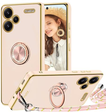 TVVTPU Coque pour Xiaomi Redmi Note 13 Pro Plus 5G / Pro+ 5G avec Cordon et Anneau Support, Étui Housse Antichoc Souple Silicone TPU Bumper Portable Protection Case avec Amovible Collier, Rose
