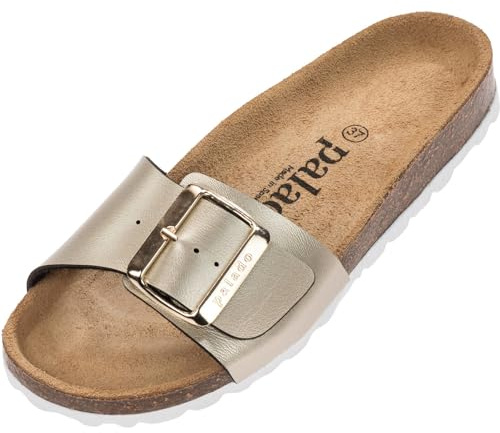 Palado Pantoletten Damen Malta EGS Metallic - bequeme Sandalen Made in Spain - Hausschuhe mit dämpfendem Kork-Fußbett - modische Sommerschuhe Mattgold UK9,5 - EU43