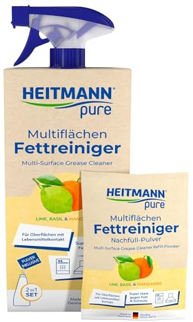 HEITMANN pure Multiflächen Fettreiniger Starterset| Natürliches Pulver zum Auflösen | Starke Reinigungswirkung | Gegen Fett & Küchenschmutz | Sprühflasche + Nachfüllbeutel 25 g