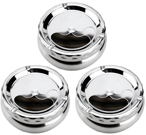 3PCS QUALSEN Cenicero,Cenicero con Tapa,Cenicero de Mesa, Cenicero Giratorio, Cenicero de Acero Inoxidable Para Interior y Exterior, Cenicero Redondo, Ceniceros apto Para uso Interior y Exterior