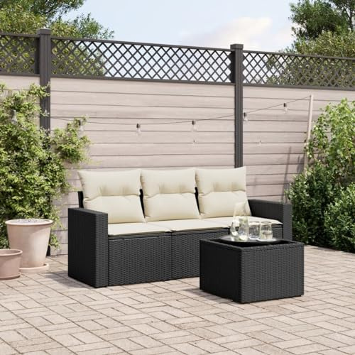 Homgoday Gartensofa 3 Sitzer mit Tisch & Kissen Balkonmöbel, Terrassensofa, Gartenlounge Sofa mit Stauraum, Balkosofa Lounge Sofa Ecksofa Gartenmöbel Set Schwarz und Creme Poly Rattan