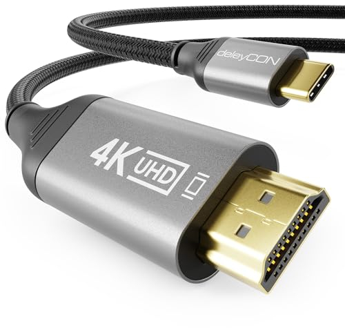 deleyCON Cavo 2m 4K USB-C a HDMI per Adattatore Monitor/TV/Proiettore (4K@60Hz) in Alluminio, Thunderbolt 3/4, per iPhone 16,15 Pro Max, MacBook, iPad Pro/Air, Samsung Galaxy S25 S24, Quaderno, Tablet