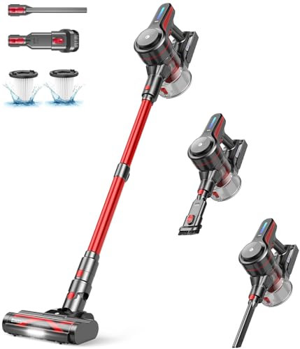 CHEBIO Lightweight Cordless Vacuum Cleaners for Home, Stick Vacuum Cordless Rechargeable with 45kPa Suction,45-Min Run,Anti-Tangle and Self-Stand, 6 in 1 Hardwood Vacuum Cleaner Carpet Pet Hair Floor