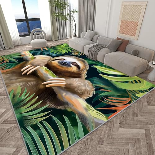 rutschfest Wohnzimmer Teppich 120 x 170 cm, Tropischer Dschungel Faultier Junge Mädchen Kinderteppich - Grün Kurzflor Teppich Waschbar für Kinderzimmer Bettvorleger Spielzimmer