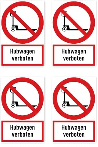Aufkleber: 150x100 mm, 4 Stück - Hubwagen verboten - Verbotszeichen mit Text (deutsch) (rot/weiß) - hochkant - DIN EN ISO 7010 / ASR A1.25