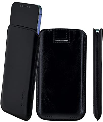 Suncase Original Leder Etui kompatibel mit iPhone 16 (6,1 Zoll) Hülle Tasche Ultra Slim Ledertasche Schutzhülle Case (mit Rückzuglasche) in schwarz