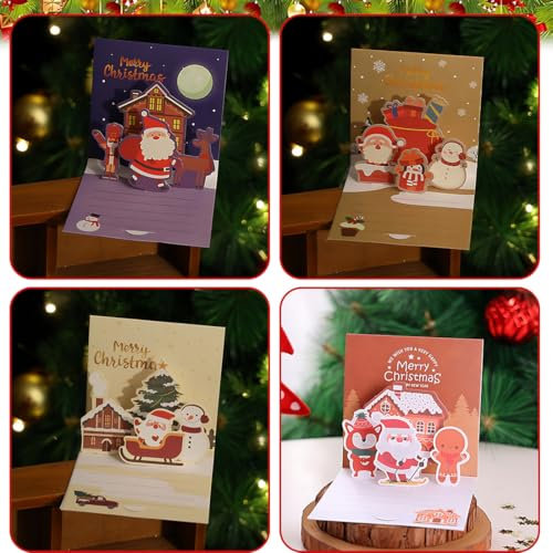 4 Pezzi Natale Auguri Biglietto, Cartoline di Natale, Cartoline di Natale 3D, Biglietto di Auguri Pop-Up con Busta, Squisito Taglio di Carta, Albero di Natale,Carta Regalo Creativa per Regali di Festa