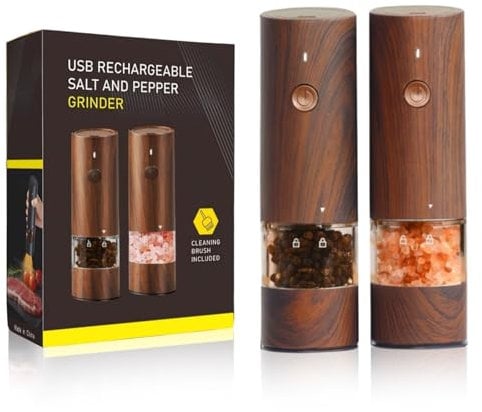 Set di macinini elettrici per sale e pepe in legno, ricaricabile, automatico, con luce a LED, per sale e pepe, regolabile, set di macinini per spezie ricaricabili