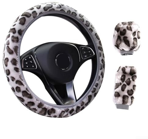 Honseadek Lenkradbezug, Handbremsabdeckung & Schaltbezug Set, Mode Leopard Winter Warm Flauschig Fahrzeug Radschutz