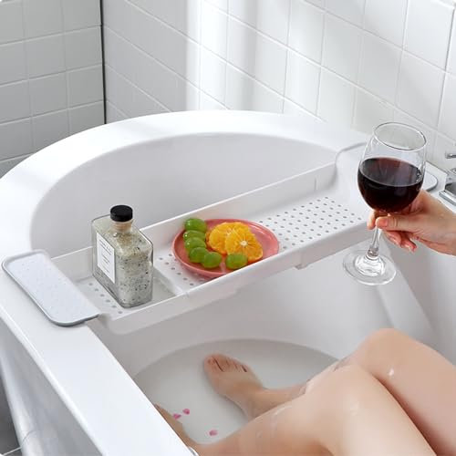 Badewannentablett, Badewannentablett mit ausziehbaren Seiten, multifunktionale Badewannen-Organizer-Halter für Badezimmer und Küche, Badewannenzubehör und Badezimmer-Gadgets (Farbe: Weiß)