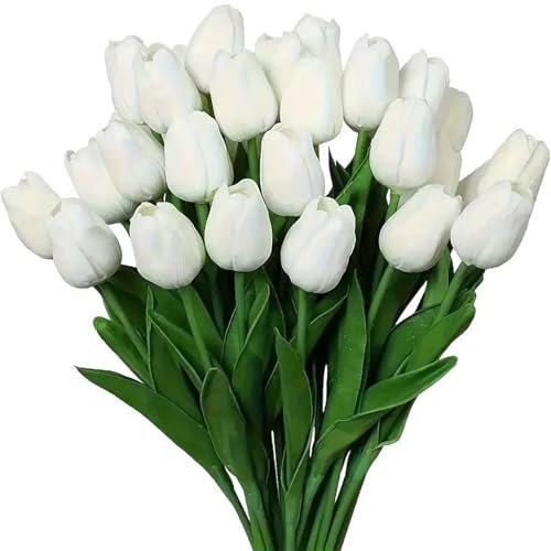 Suparleny Künstliche Blumen,Künstliche Tulpen,12 Stück Fake Tulpen PU Real Touch Latex Blume, Faux Weiß Tulpen Blumen Arrangement für Hochzeit Party Home Room Büro Dekoration, Weiß