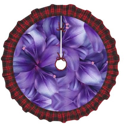 Lila Lilien-Blumen-Druck, flachsähnlicher Weihnachtsbaumrock mit Pompom-Bordüre, rustikaler Charme für Bauernhaus-Dekoration