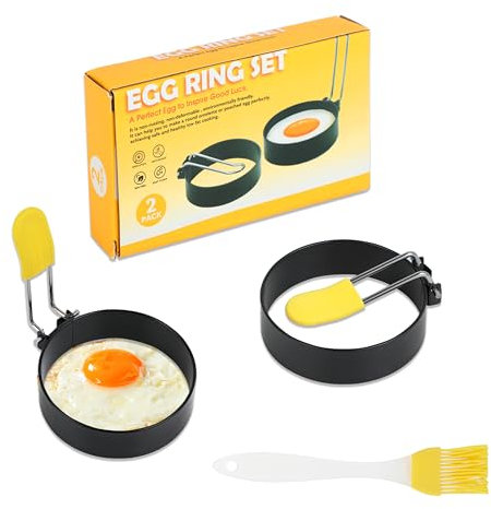 2 Piezas Anillos de Huevo – Molde de Anillo de Huevo – Círculo para huevo – con manija plegable y pincel para aceite – adecuados para sartenes – perfectos para huevos, sándwiches y hamburguesas