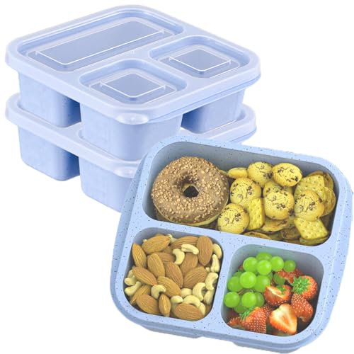 ZHUIYIWIN Cajas de aperitivos, loncheras Bento reutilizables con 3 compartimentos para niños y adultos, recipientes divididos de almacenamiento de alimentos para la escuela (Azul, A)