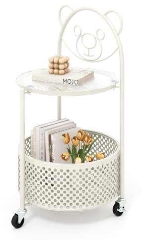 COSTWAY Beistelltisch Glas mit Rollen, 2-stufiger Glastisch rund mit Bärenmuster, Nachttisch mit Ablagekorb, Couchtisch Kaffeetisch modern für Wohnzimmer, Schlafzimmer, 40 x 36,5 x 71 cm (Weiß)
