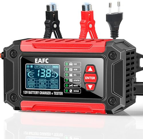 Testeur de batterie de voiture et chargeur de batterie de voiture Tout-en-un EAFC12V6A Testeur de batterie Chargeur pour moto, camion, AGM LiFePO4 Outil de diagnostic de batterie