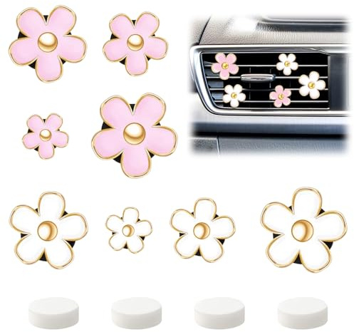 8 Pcs Daisy Flower Air Vent Clip Cute Flower Decor Air Conditioning Outlet Clip Car Air Fresheners Vent Clips Interior Decor Charm Pink Car Accessories for Girls Women (White and Pink)