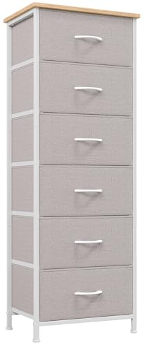 Somdot Kommode mit Stoffschubladen, Schlafzimmer, 6 Schubladen, Aschgrau | Aufbewahrungsschrank Stoff, Kommode mit Schubladen, Wohnzimmer, Metallrahmen, Holzwerkstoffplatte, 30T x 42B x 115H