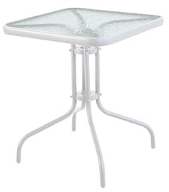 HERSIG - Mesa de Jardin Cuadrada de Acero y Vidrio Templado - Mesa Exterior Blanco 60x60x70 CM - Mesas de Terraza y Jardín Cuadradas Resistentes - Mesas para Verano Exterior con Cristal Texturizado