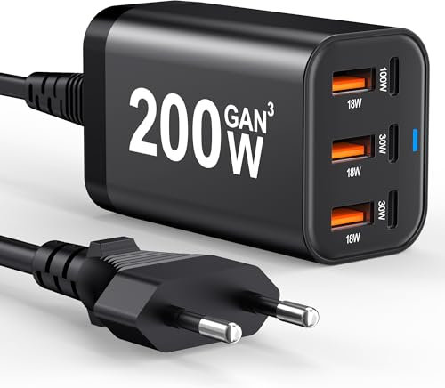 USB C Charger Block 200W 6 Port GAN Fast Charging Station Hub for Laptop, iPad, iPhone 16 Pro MAX Fast Charger Pixel DELL MacBook Pro/Air Galaxy S25 Steam Deck USB C 100W Adapter for Android