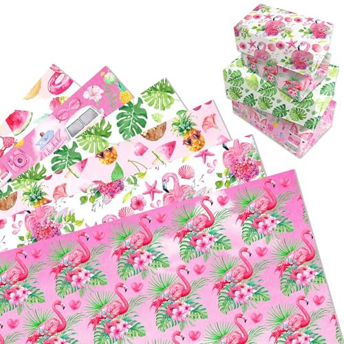 MORAINJAY 12 Bögen Flamingo Geschenkpapier, Flamingo Geschenkpapier Geburtstag, Tropisches Hawaii Geschenkpapier für Mädchen Kinder, Sommer Party Deko, 68 x 50 cm