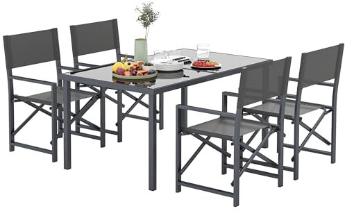 Outsunny Sitzgruppe 5-teilig Essgruppe Stahl für 4 Personen Esstisch mit 4 klappbar Stühlen Esszimmergruppe mit Glastisch Küchentisch-Set Balkonmöbel Gartenmöbel für Terrasse, Balkon Grau