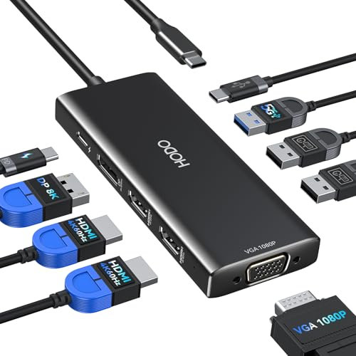 Docking Station Dual Monitor, Laptop Docking Stations 3 Monitors Quad Display, 9 in 1 USB C Hub Multiport Adapter with 2 HDMI 4K+ DP 8K+VGA+4 USB+PD, USB-C Dock Dongle for Dell/HP/Lenovo/Surface