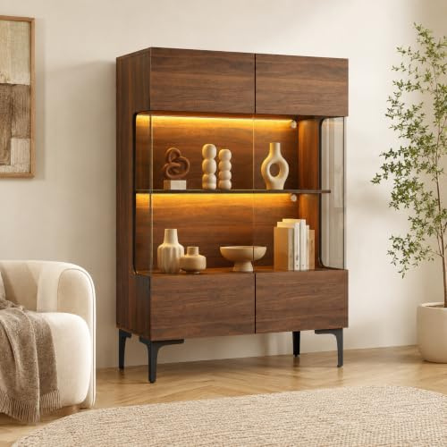 Vitrinenschrank mit Beleuchtung Glasvitrine mit 2 Glastüren Dunkelbraun | Brauner Schrank mit Glastüren LED-Beleuchtung Nachttisch Beistelltisch oder Bücherregal 80x38x115cm