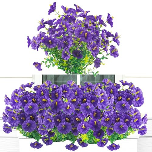 ComPDCVD 8 Paquetes Flores Artificiales Decoracion Exterior Seda Petunia Flores Artificiales para Exteriores Ramos Violetas Resistente a los Rayos UV y a la Intemperie para Jardín Hogar Balcón Porche