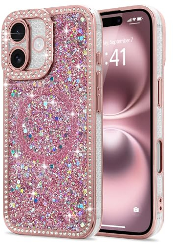 Lafunda Coque Compatible avec iPhone 16 Diamant Scintillant Rose | Glitter Magnétique Coque Compatible avec MagSafe, Antichoc Brillant Paillette Housse Étui de Protection pour Femme Fille