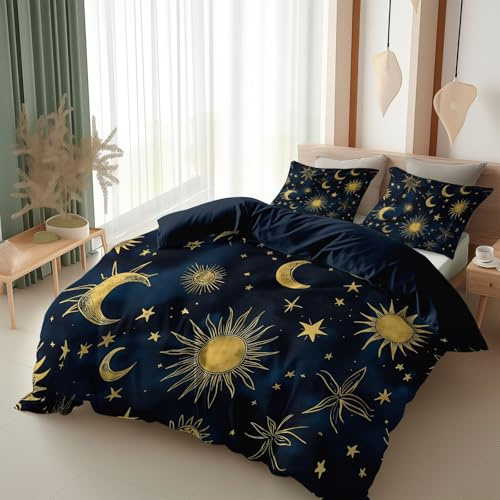 Sonne Mond Sterne Handgezeichnet Wende Bettwäsche 135x200 cm Kinder Junge Dunkelblau Bettbezüge, 3 Teilig Mikrofaser Bettbezug Set mit Reißverschluss, Weicher Bettdeckenbezug und 2 Kissenbezug