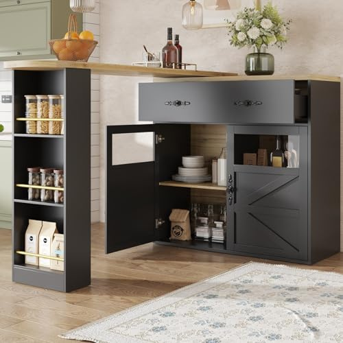 PUGSDRLY Table de Bar Extensible avec Espace de Rangement,Table Bar Cuisine Pivotant à 360°,2 Porte et 1 Tiroir,Compartiment Ouvert,Comptoir de Cuisine (E, Noir)