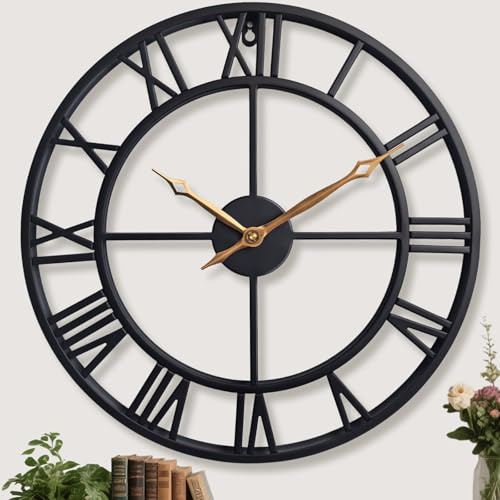 BBALOVEDRE Wanduhr Große XXL 60 cm aus Metall in Schwarz, Lautlos | Große Wanduhr Modern mit Römischen Ziffern, ohne Tickgeräusche, für Wohnzimmer, Küche und Büro, Ideal als Einzugsgeschenk