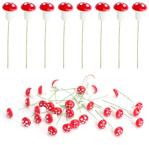30 PCS Mini Pilze Deko, Mini Rote Pilze, Deko Fliegenpilze am Drath für Herbstdeko, Fliegenpilze am Drath Pilze Realistische Miniatur-Pilze für Micro Landschaft Gartendekoration DIY Potting Pflanzen