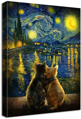 Lustige Umarmende Schwarze Katze Leinwand Bilder Mit Rahmen Impressionismus Bild Van Gogh Sternennacht Wandbilder Wandkunst Kunstdruck auf Leinwand Malerei Wohnzimmer Schlafzimmer Wanddekor 40x60cm