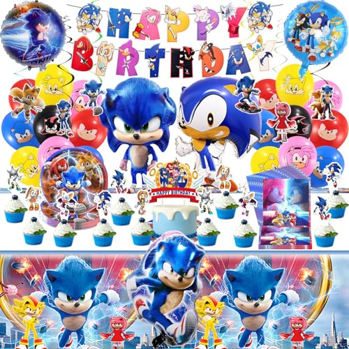 SoNi Birthday Decorations Boys Girls- Kids Party Decorations Tableware Set, Reusable Birthday Ballons Happy Birthday Banner Paper Plates Napkins Tablecloth Cake Topper for 10-20 Guests Party Supplies
