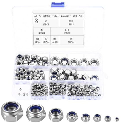 200 Pcs Stainless Steel Hex Lock Nuts Assortment, M2-M12 Nylon Insert Self-Locking Nuts for Screws & Bolts