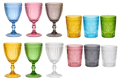 cecaro group – Set Bicchieri e Calici Olivia in Vetro Colorato - 6 Bicchieri da 300 ml + 6 Calici da 330 ml