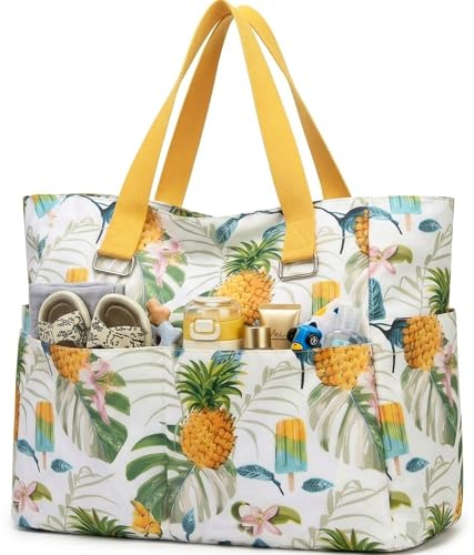 Myhozee Strandtasche XXL mit Reißverschluss Wasserdicht Beach Bag Badetasche Groß Tote Bag Shopper Tasche Damen mit 9 Taschen und Trockentrennung Saunatasche Reisetasche für Urlaub Familie Strand