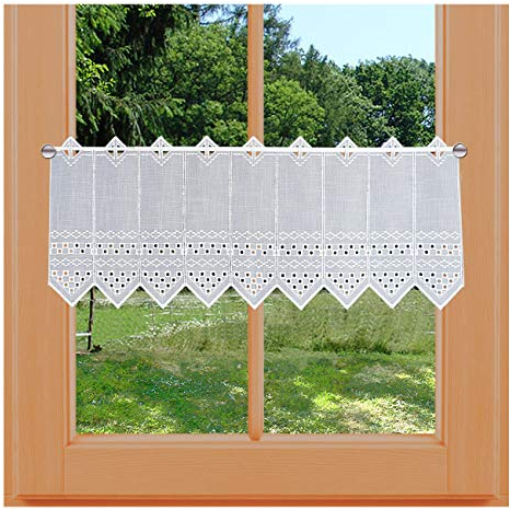 kollektion MT Scheibengardine Kurzgardine Kayla Feenhausgardine Vogtländischer Spitze weiß mit Lochstickerei auf leichtem Batist mit Käseleinen-Struktur 30 x 80 cm